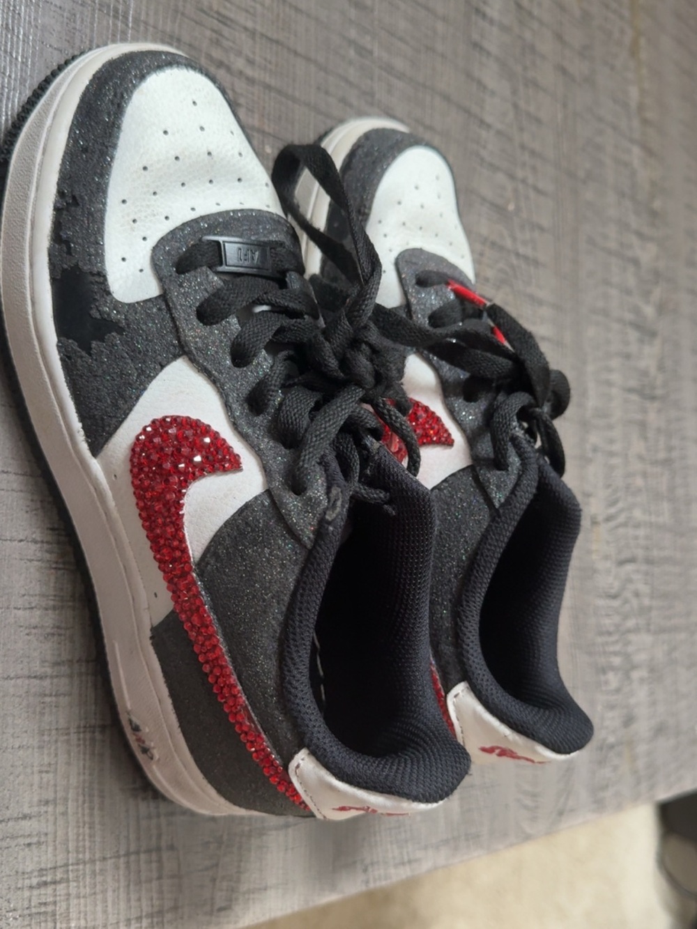 Nike Kids Black, White and Red Rhinestone Swoosh Sneakers